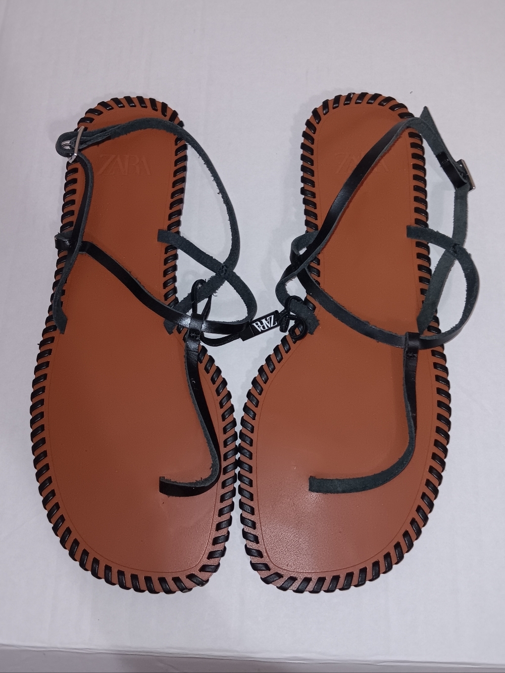Zara Black Strappy Sandals with Tan Footbed